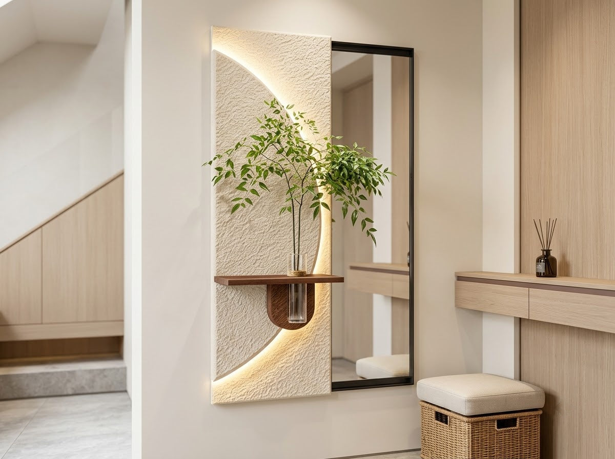 LED wall art with mirror and sliding panel styled in modern interior