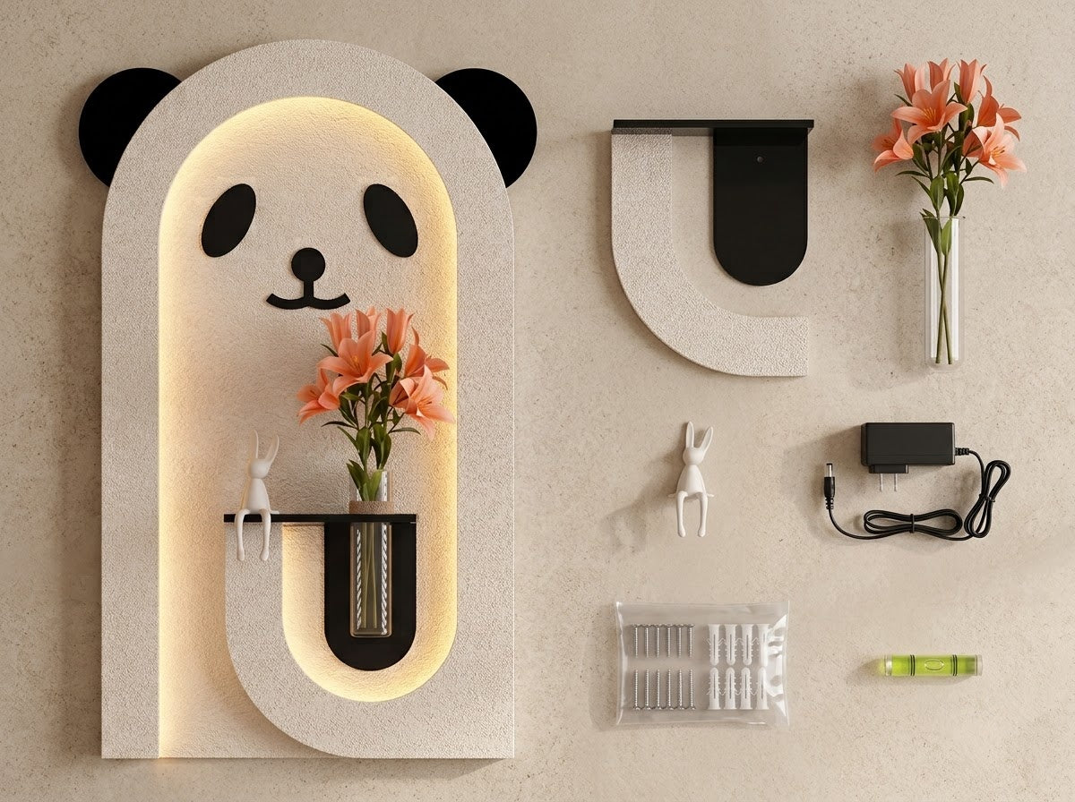 Panda LED wall art with integrated shelf and glass vase