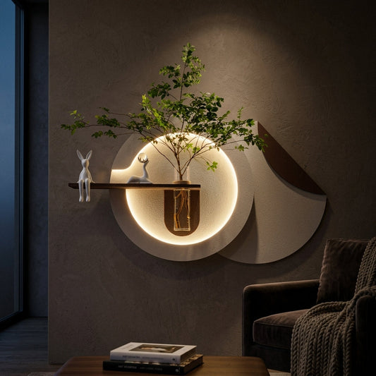 Modern LED wooden wall decor shelf with plant vase for living room