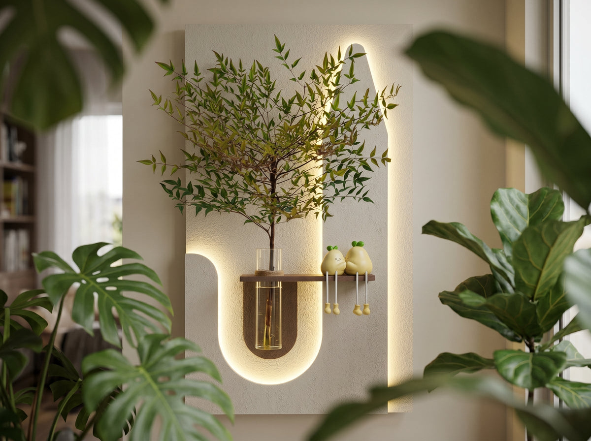 Wooden wall decor with shelf and vase holder for plant decoration
